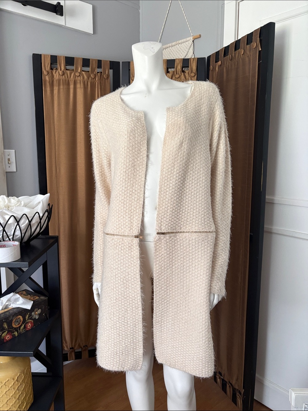Long Cream Knit Open Front Cardigan Sweater Coat